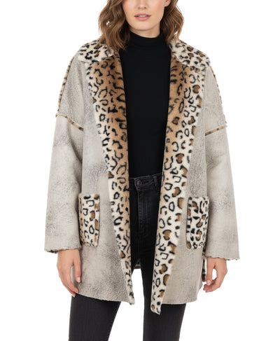 Faux Leather & Leopard Trim Jacket w/ Hood image 3