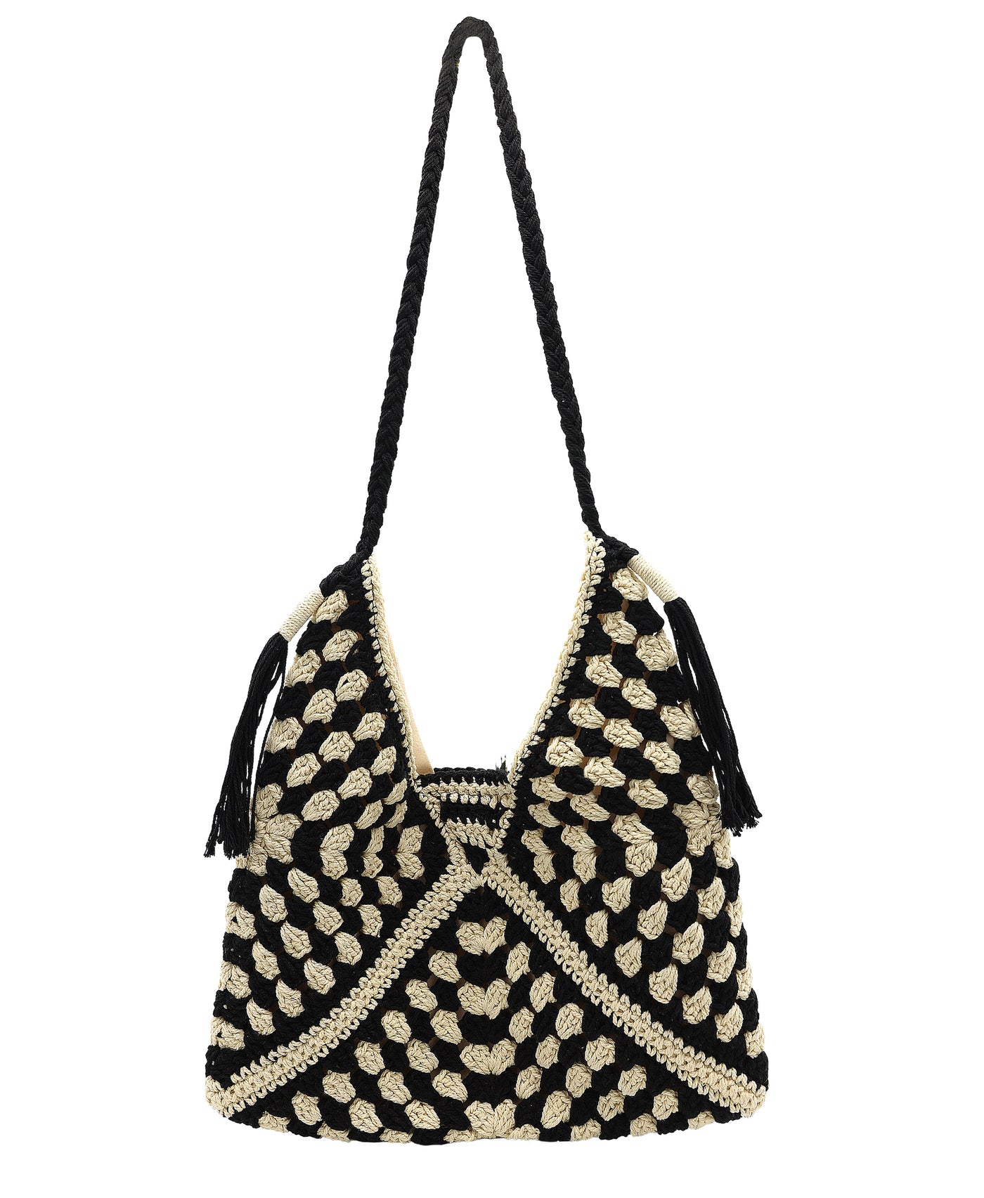 Crochet Two-Tone Tote Bag w/ Tassels view 1
