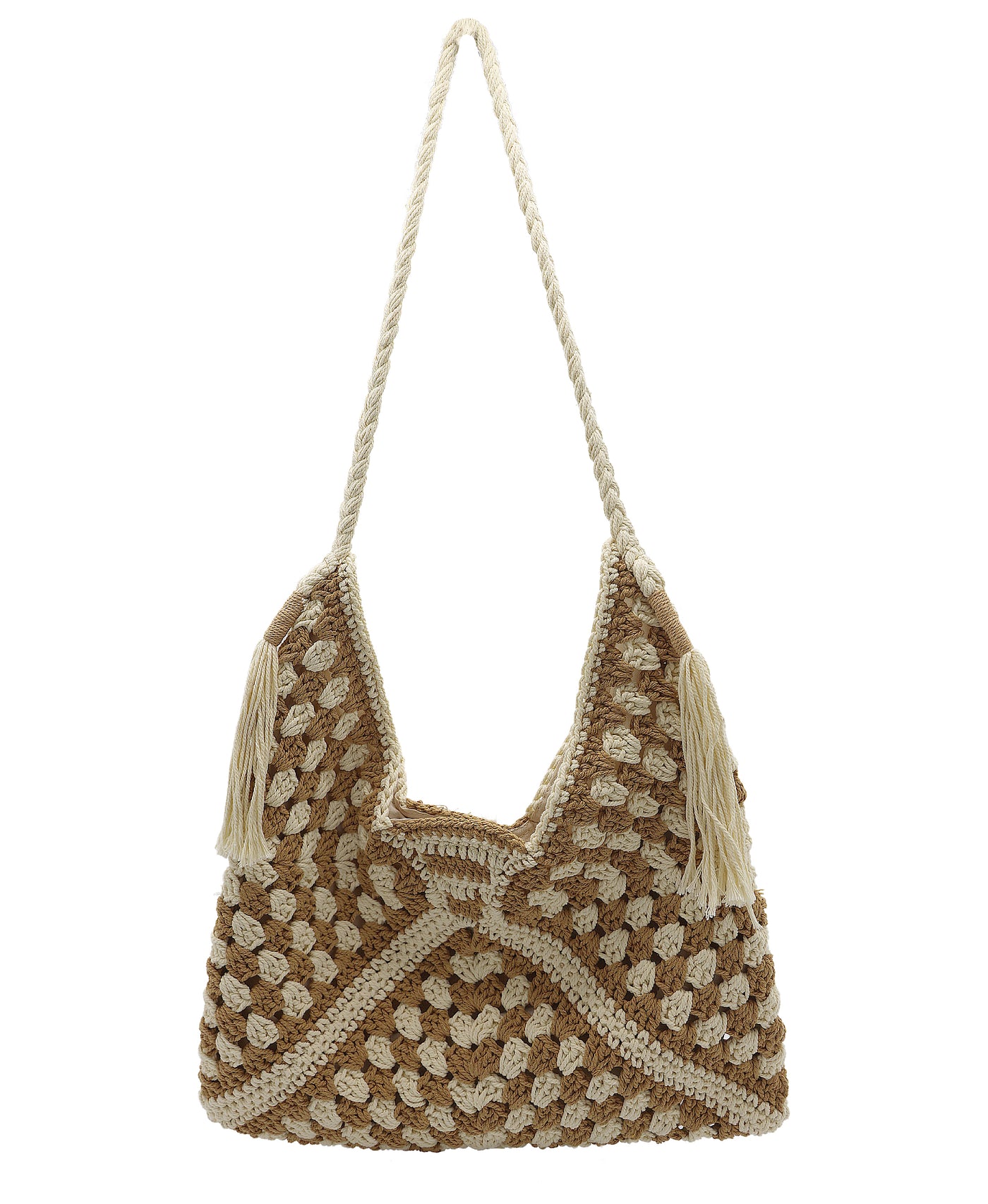 Crochet Two-Tone Tote Bag w/ Tassels view 1