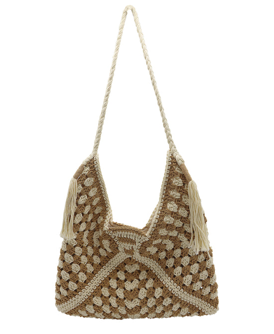 Crochet Two-Tone Tote Bag w/ Tassels view 