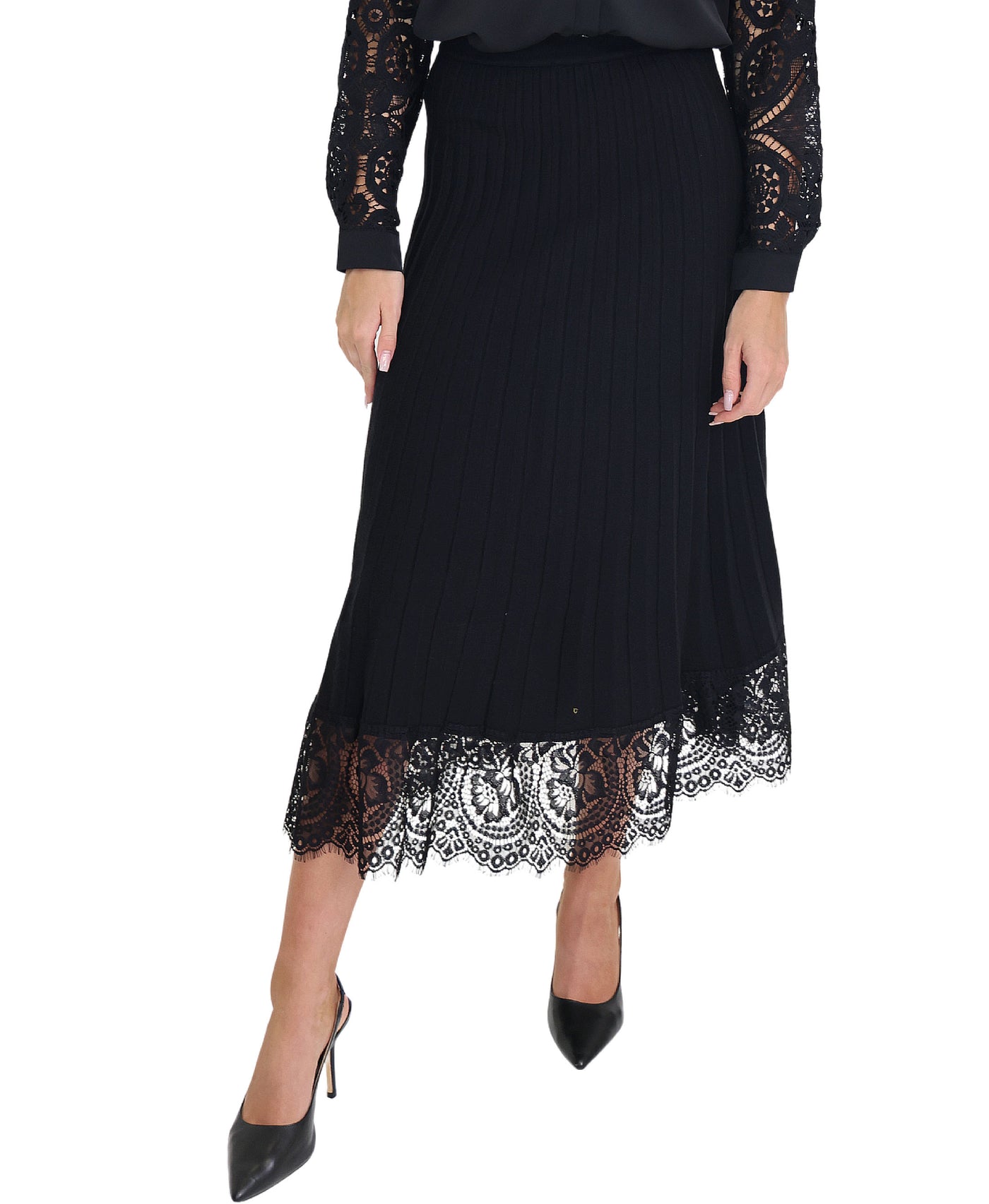 Knit Pleated Skirt w/ Lace Trim view 1