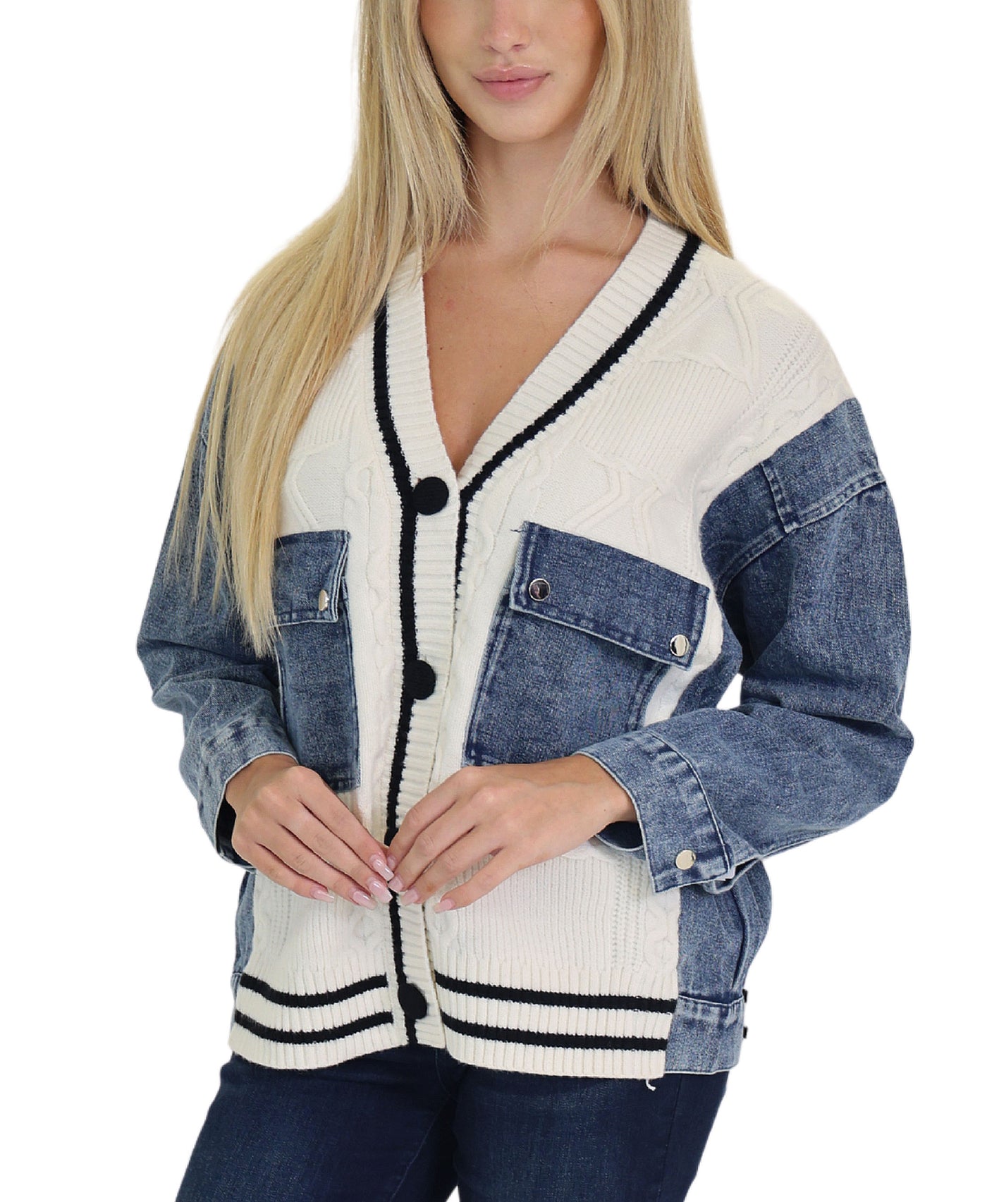 Mixed Media Denim & Knit Cardigan view 1