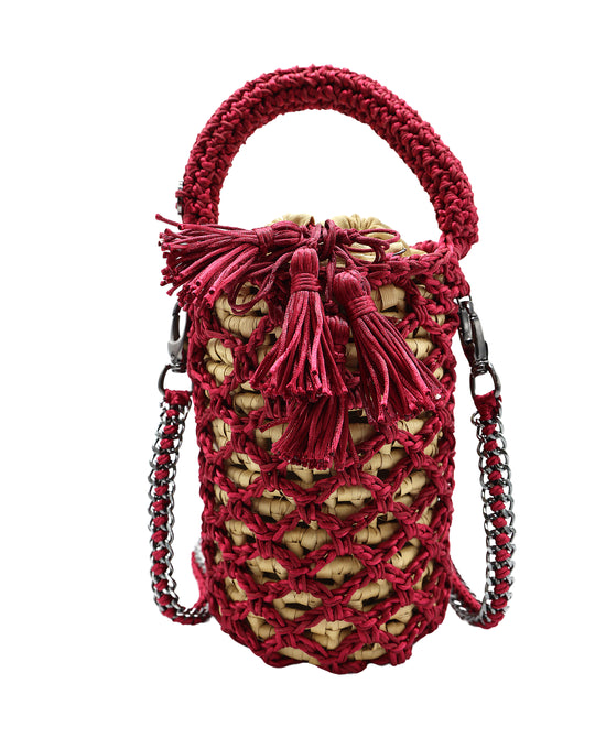 Crochet & Straw Round Bucket Bag view 