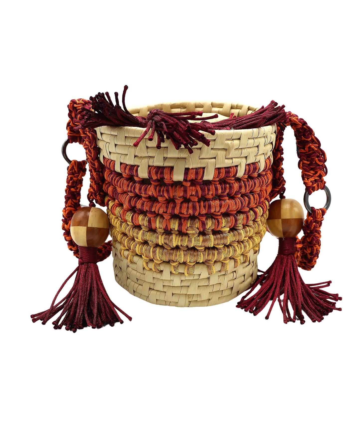 Crochet & Straw Bucket Bag w/ Tassels view 2
