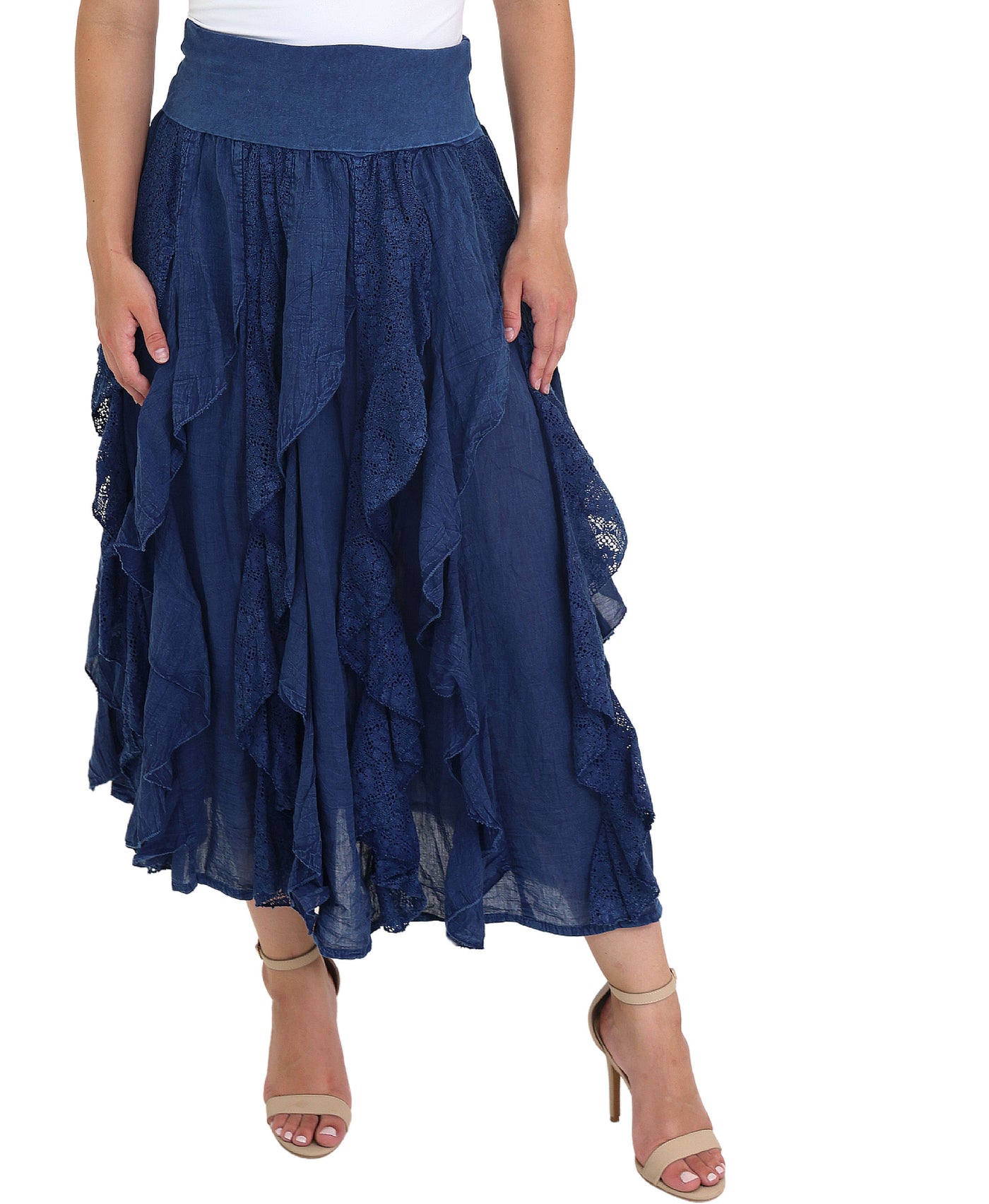 Hanky Hem Lace Trim Midi Skirt view 1