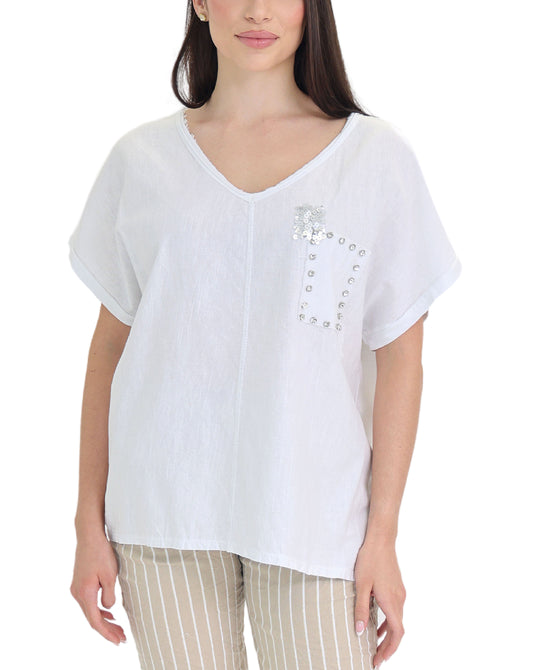 Linen & Cotton Top w/ Rhinestones view 