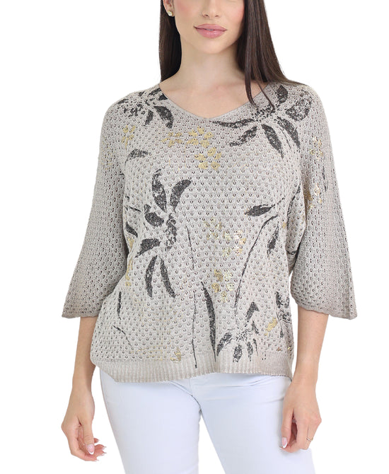 Crochet Knit Top w/ Metallic Floral Print view 