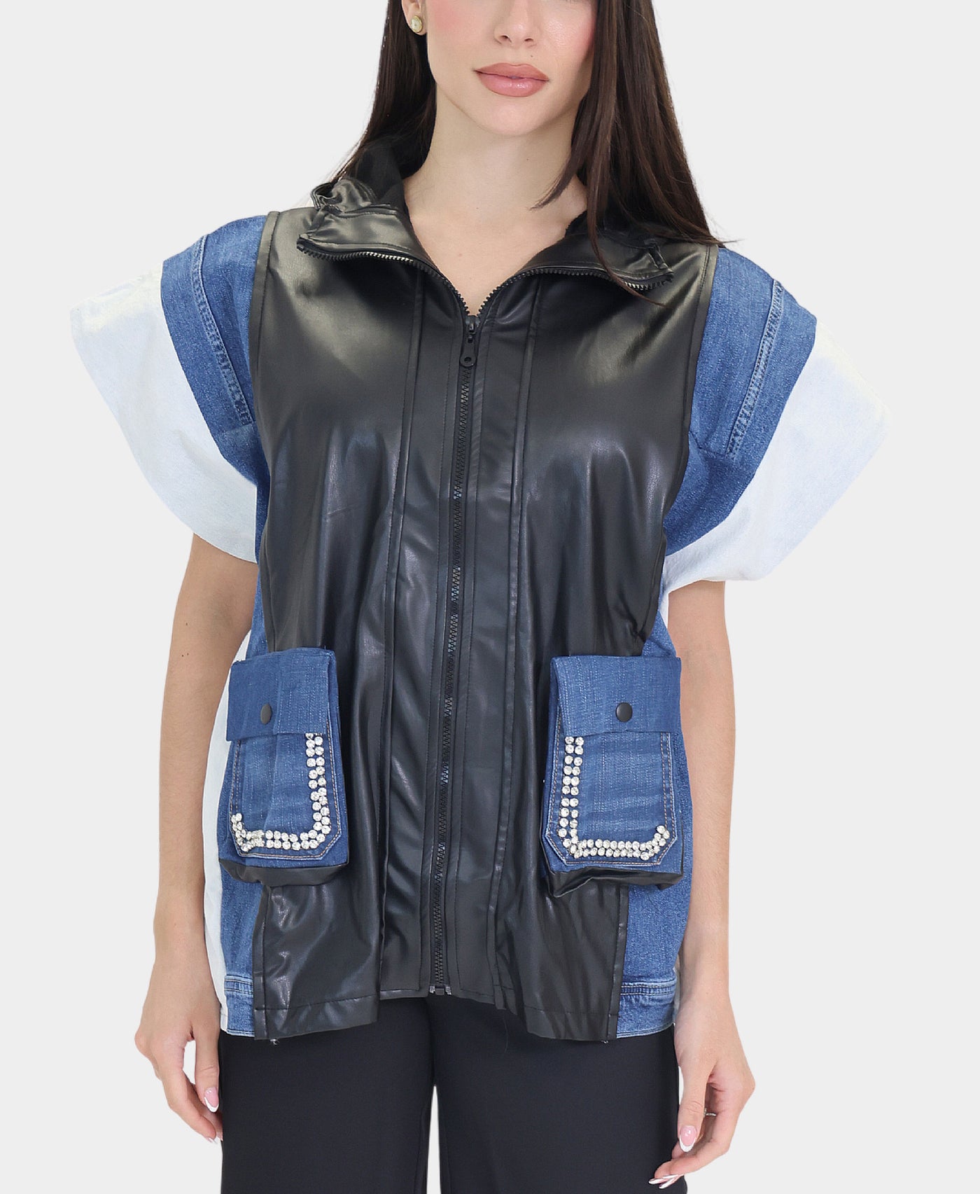 Denim & Faux Leather Vest view 1