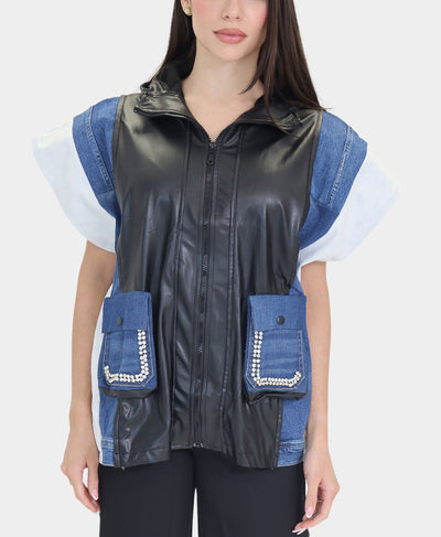 Denim & Faux Leather Vest image 1