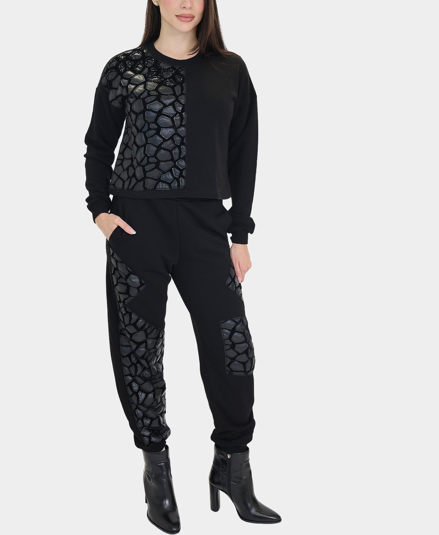 Sweatshirt w/ Faux Leather & Bead Details view 2