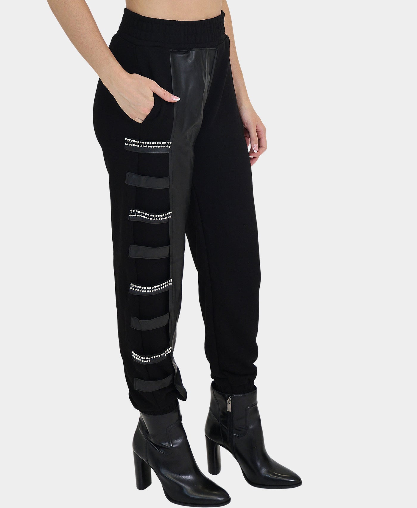 Jogger Pants w/ Faux Leather & Beading Detail view 1