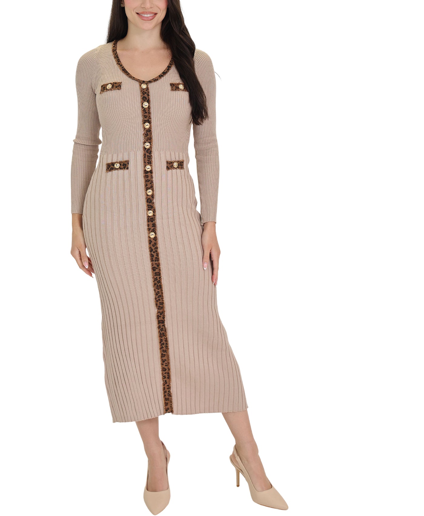 Knit Midi Dress w/ Leopard Denim Trim view 1