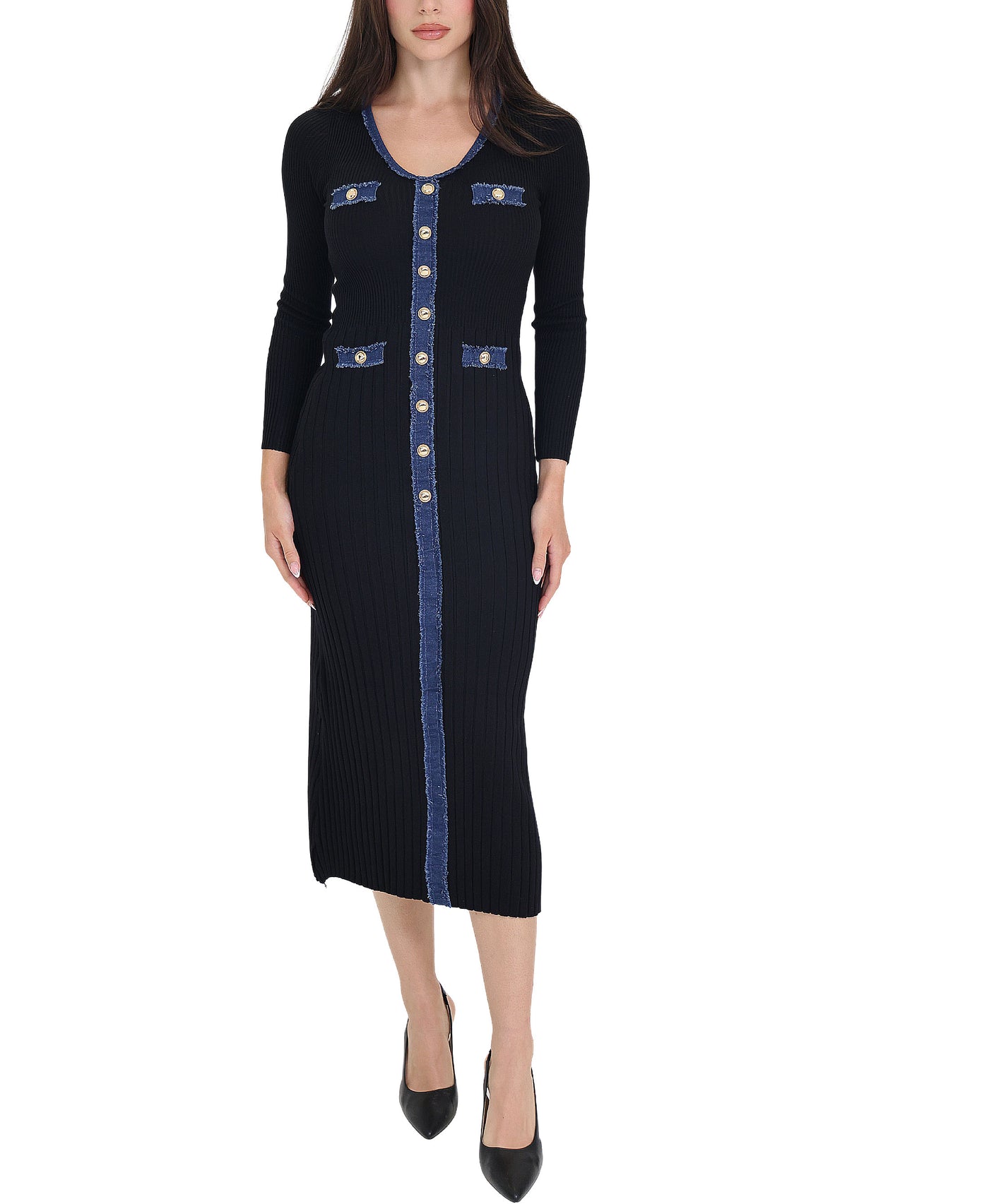 Knit Midi Dress w/ Denim Trim view 1
