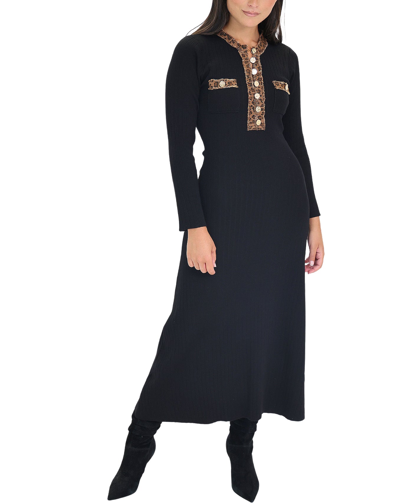 Knit Midi Dress w/ Leopard Denim Trim view 1