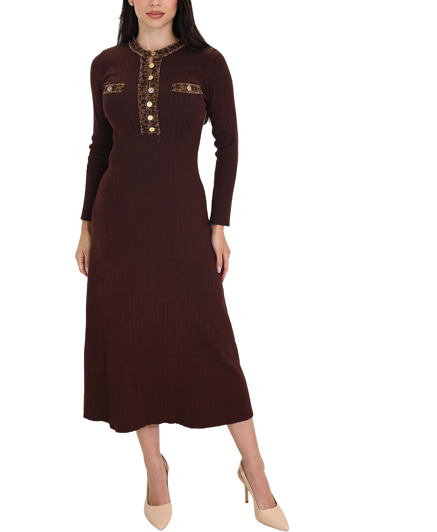 Knit Midi Dress w/ Leopard Denim Trim view 1