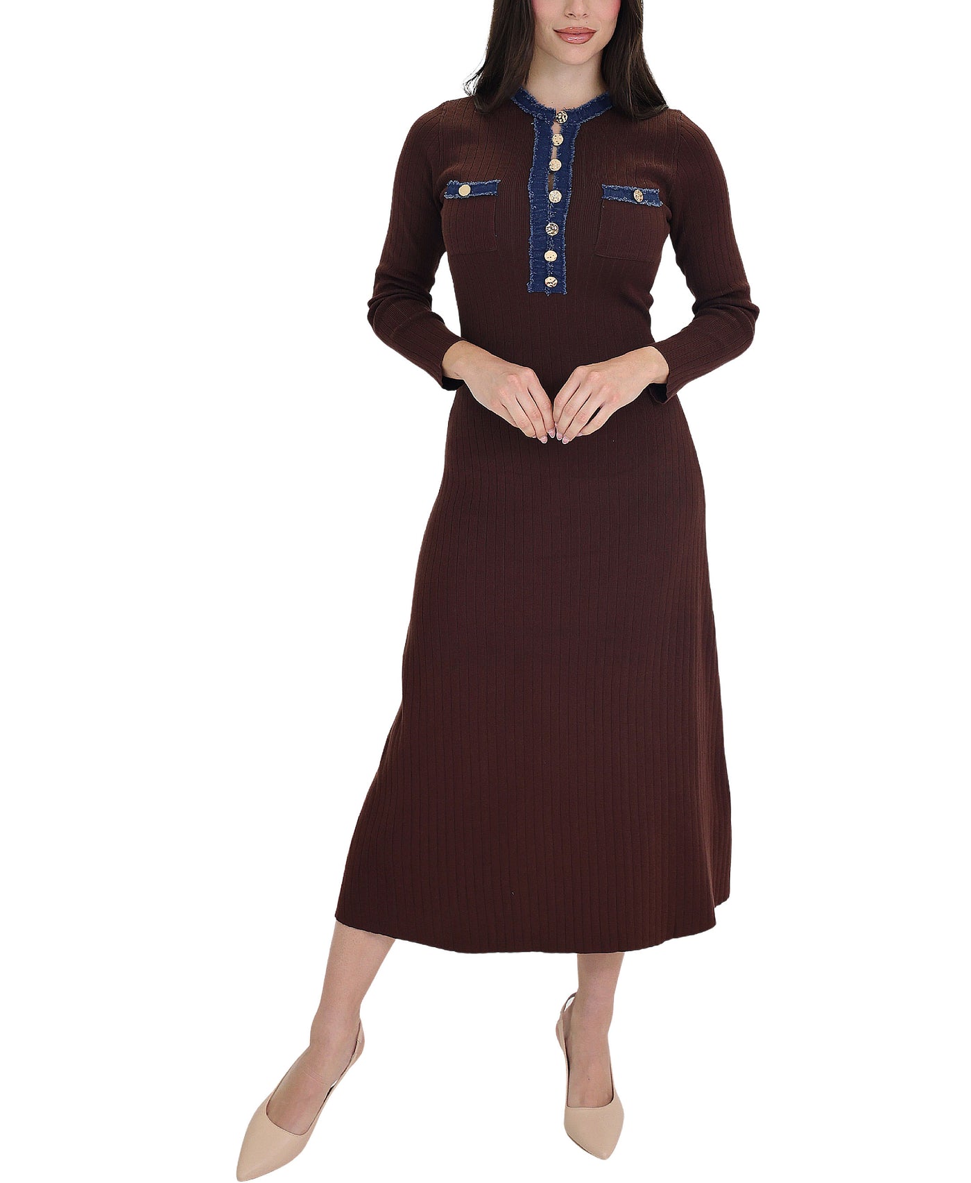 Knit Midi Dress w/ Denim Trim view 1
