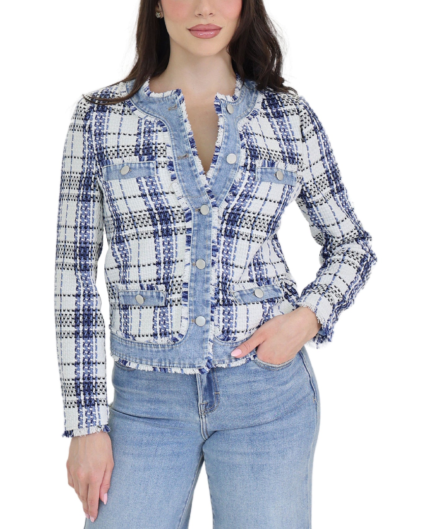 Plaid Tweed Jacket w/ Denim Trim view 1