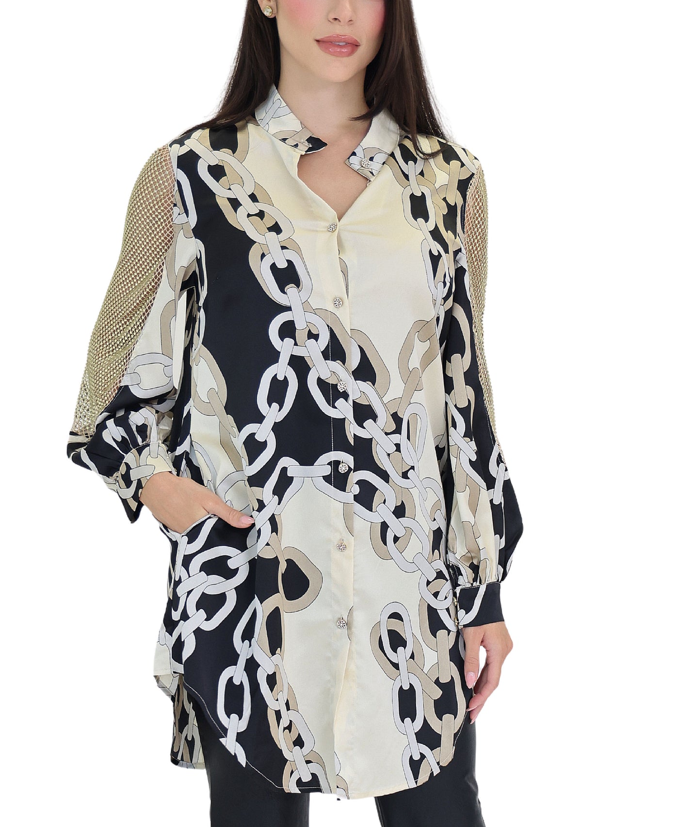 Chain Print Tunic Blouse w/ Sequin Sleeves view 1