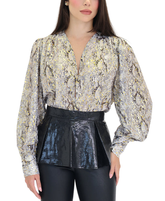 Metallic Snake Print Blouse w/ Peplum Topper - 2 Pc Set view 