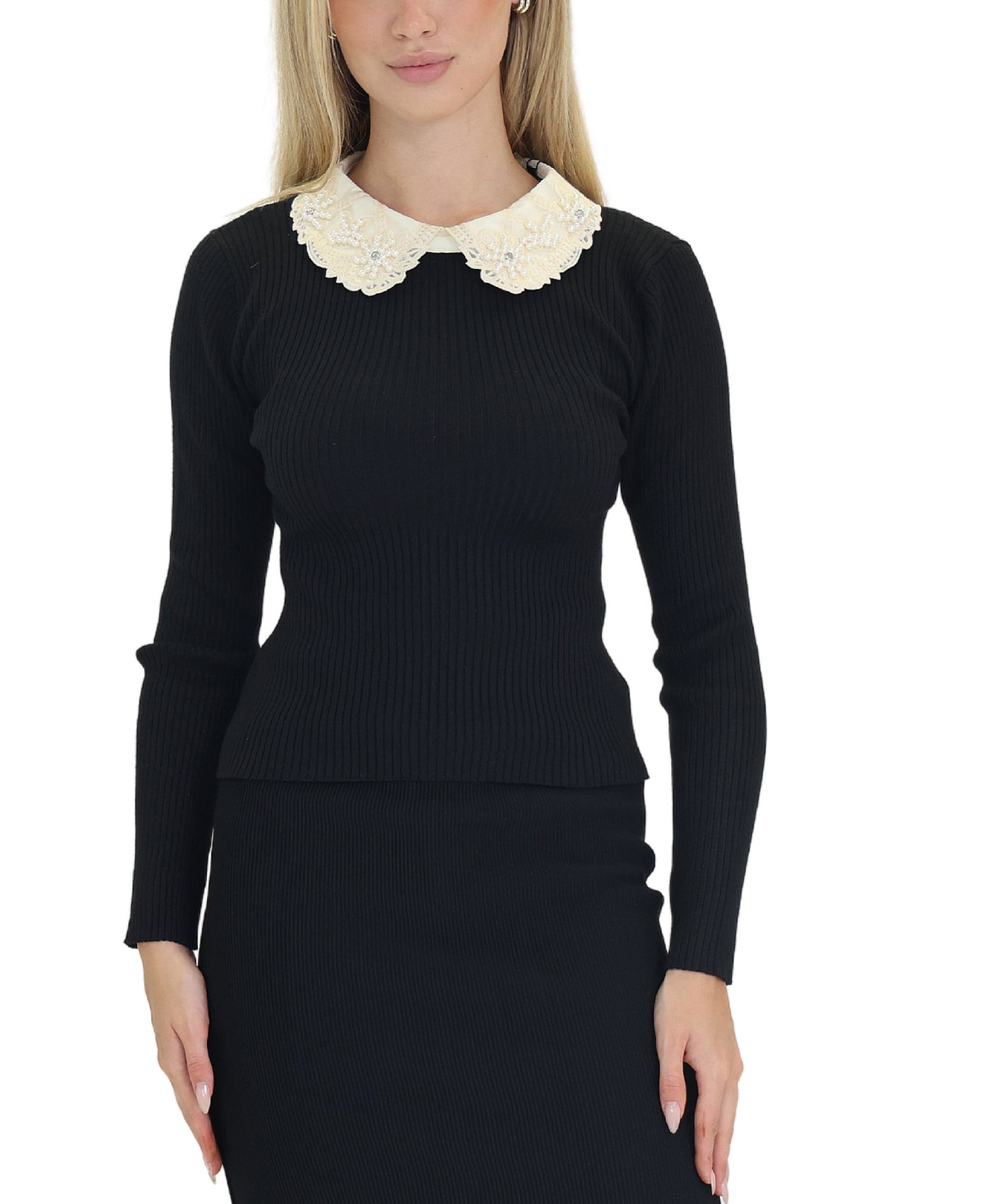 Knit Top w/ Embroidered Collar w/ Pearls view 1