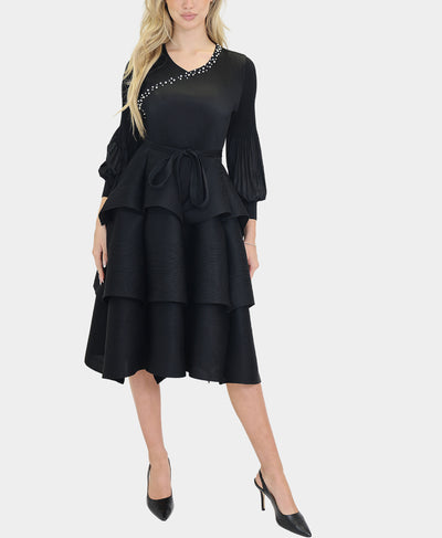 Plisse Tiered Dress w/ Pearls image 1