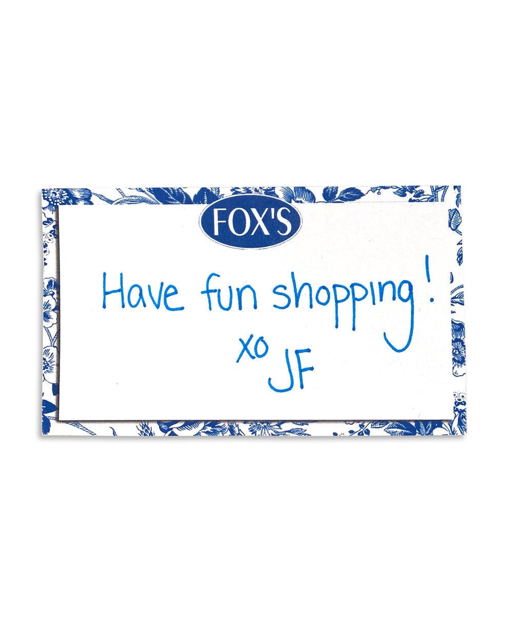 Sample gift card message reading "Have fun shopping! XO JF"