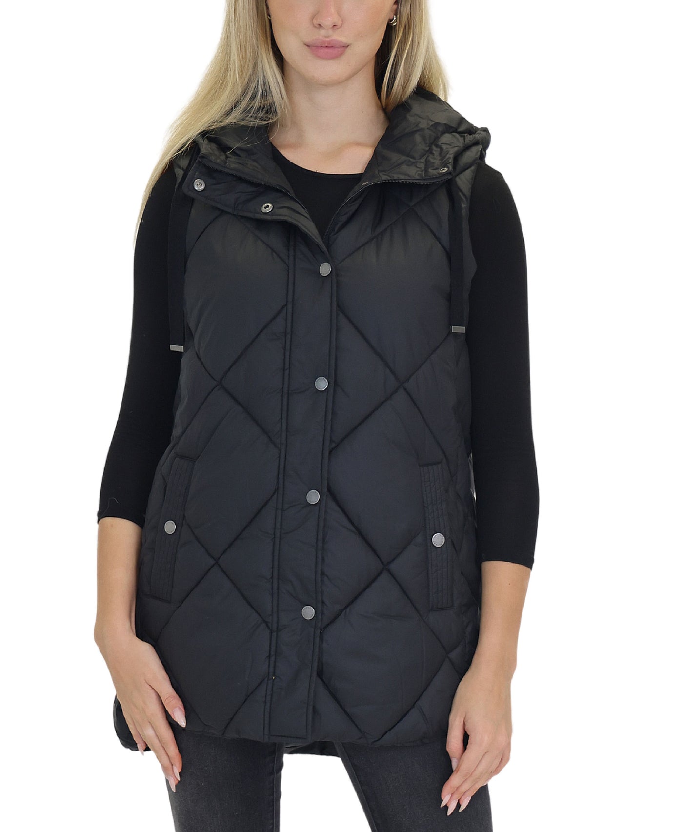 Hooded Quilted Long Puffer Vest view 1