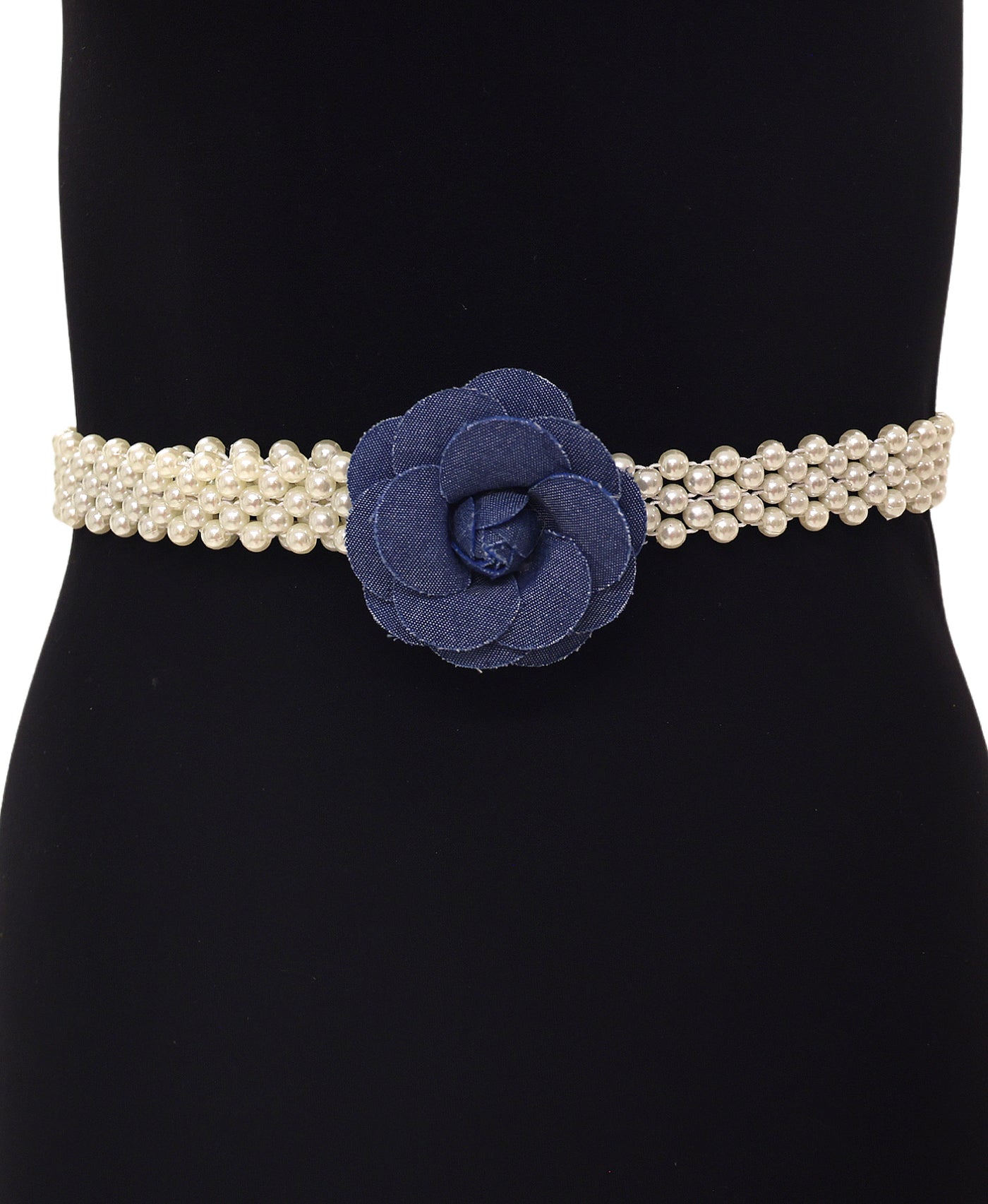 Faux Pearl Denim Flower Elastic Belt view 1