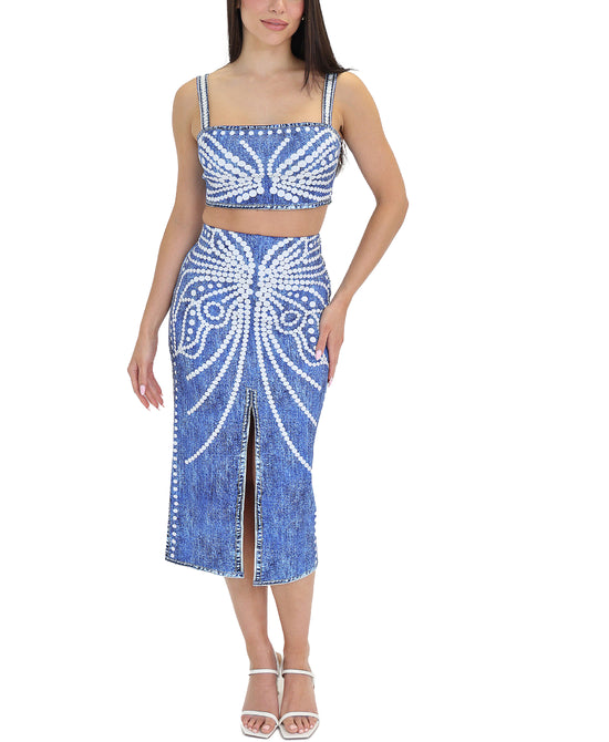 Denim Printed Top & Midi Skirt Set - 2 Pc Set view 