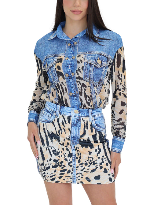 Denim & Animal Printed Top & Skirt Set - 2 Pc Set view 