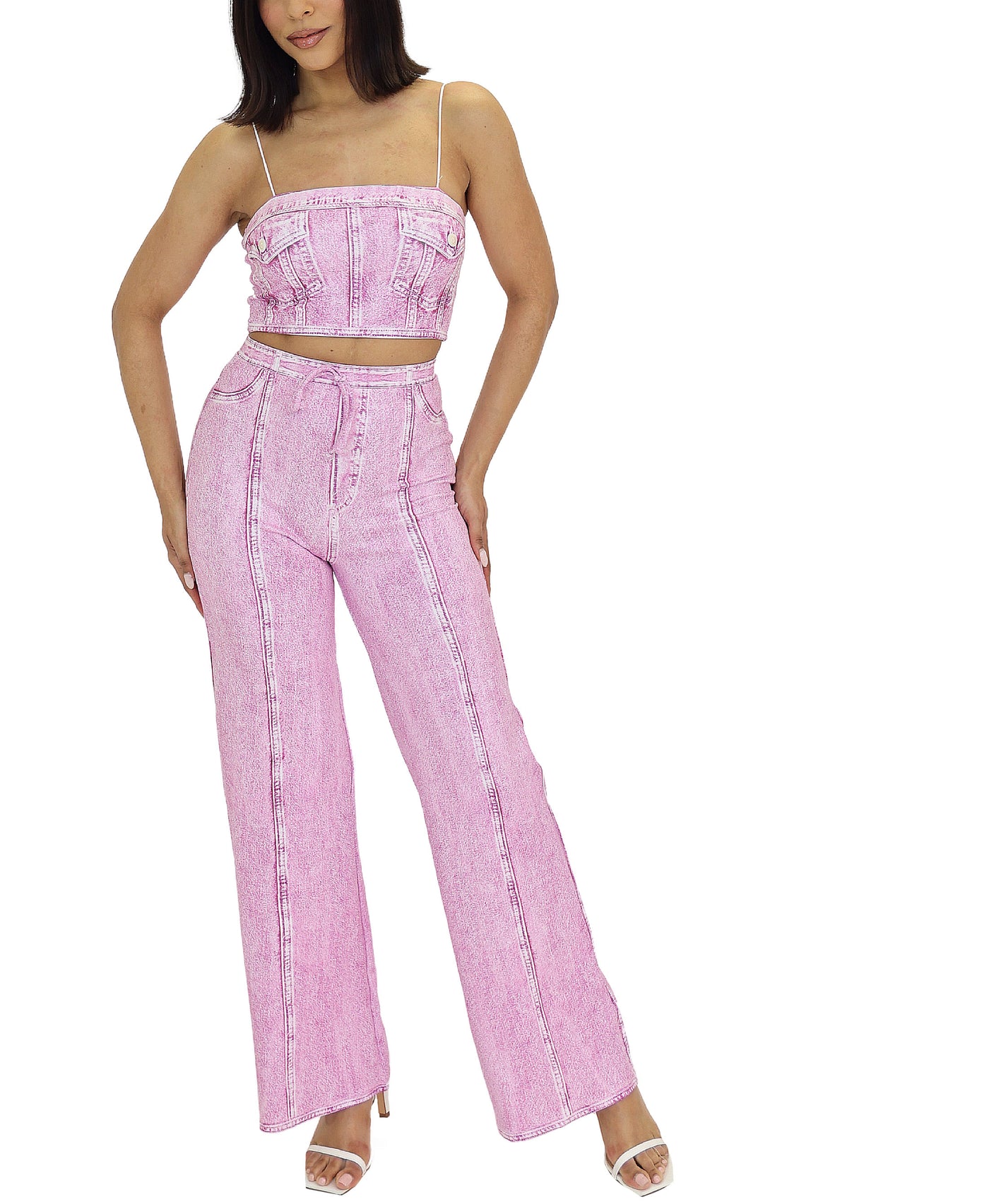 Denim Printed Crop Top & Pant Set- 2 Pc Set view 1