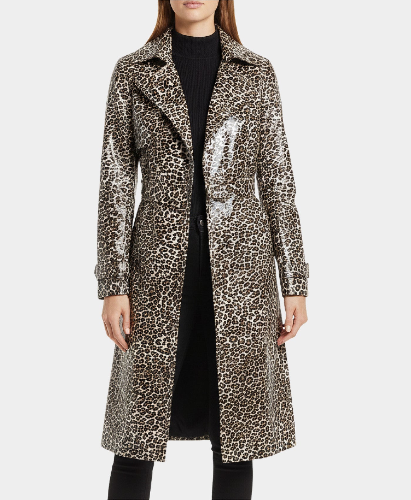 Faux Leather Leopard Print Trench Coat view 1