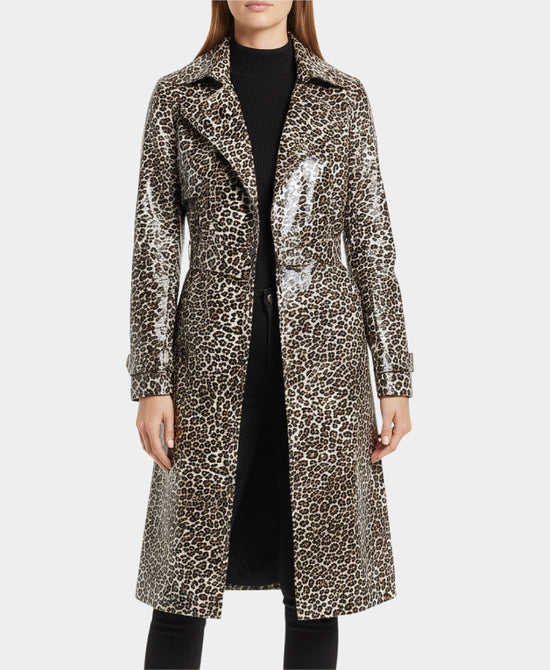 Faux Leather Leopard Print Trench Coat view 