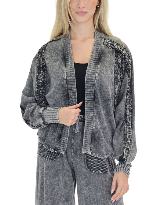 Mineral Wash Cardigan w/ Crochet Lace Trim view 