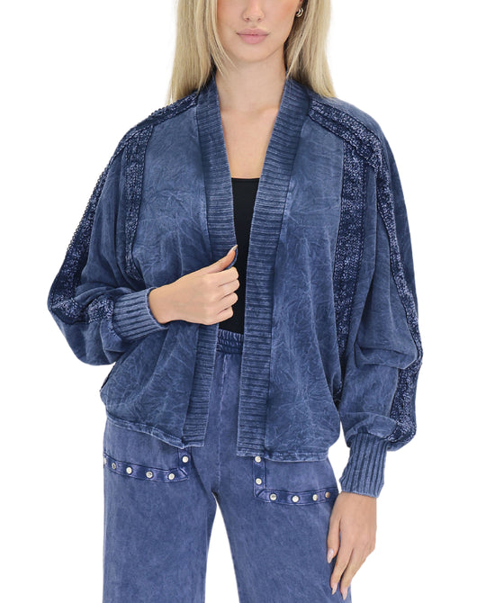 Mineral Wash Cardigan w/ Crochet Lace Trim view 