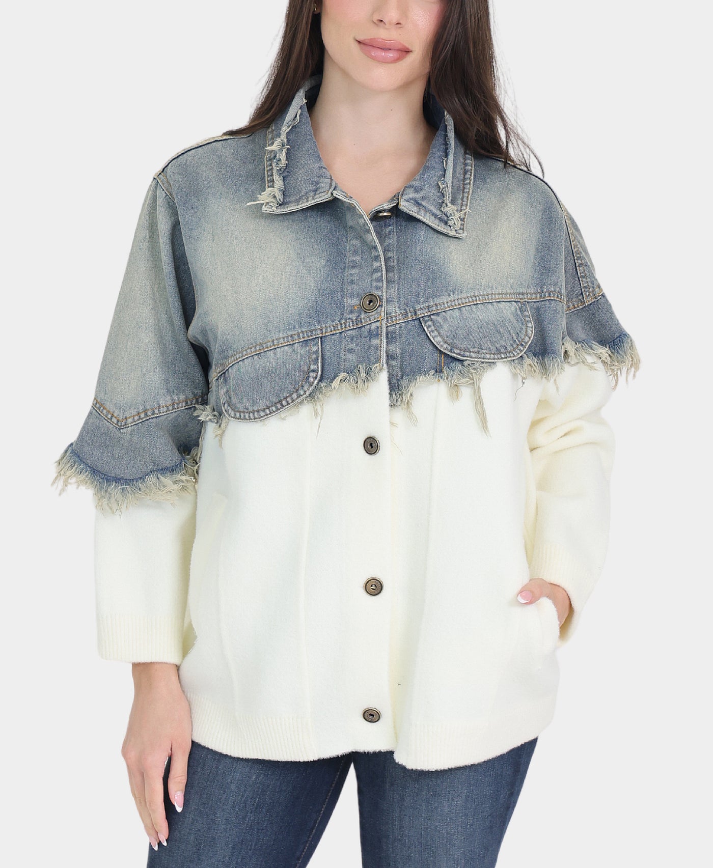 Denim & Knit Jacket w/ Raw Edge view 1