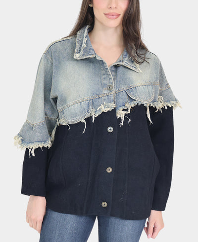 Denim & Knit Jacket w/ Raw Edge image 3