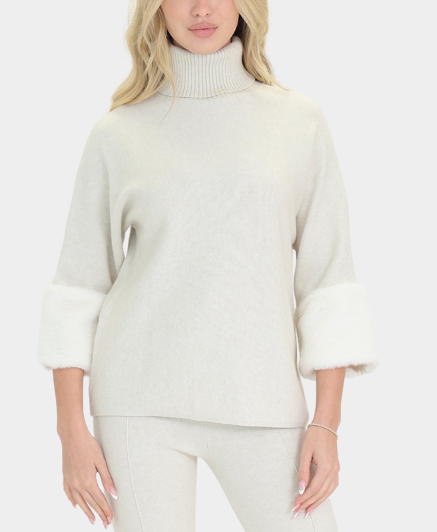 Turtleneck Sweater w/ Faux Fur Cuffs view 1