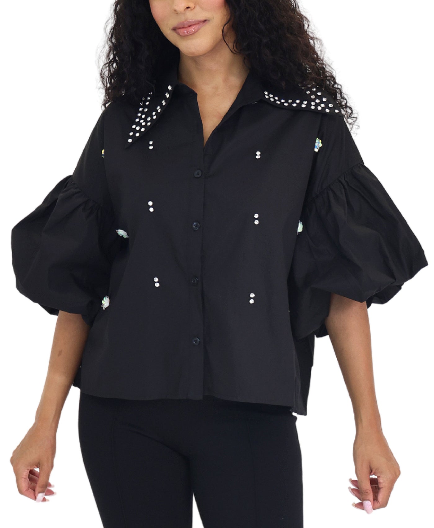 Puff Sleeve Blouse w/ Rhinestones view 1