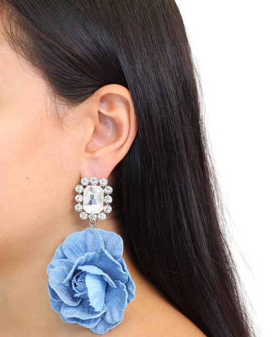 Denim Flower Drop Crystal Earrings view 