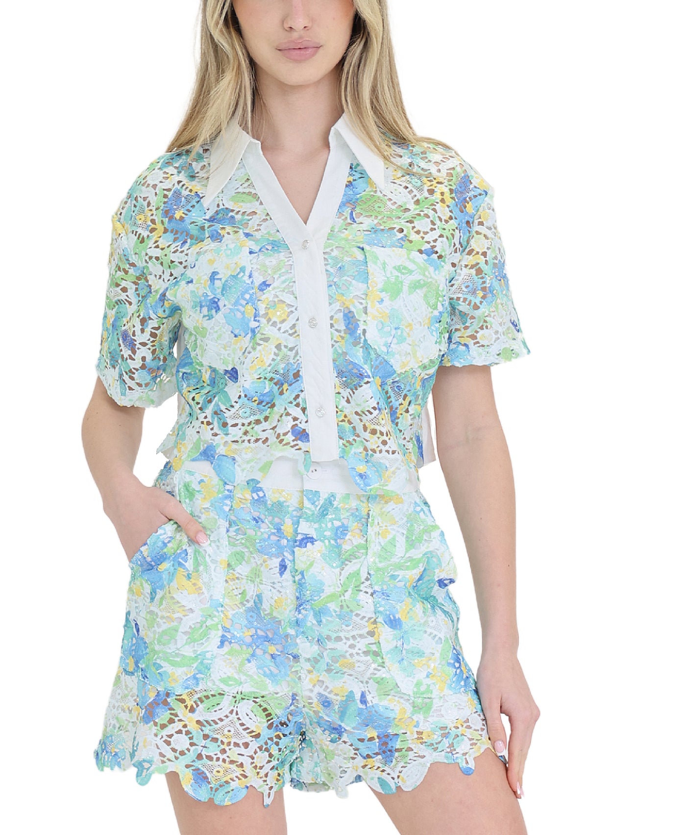 Multicolor Lace Blouse & Shorts - 2 Pc Set view 1