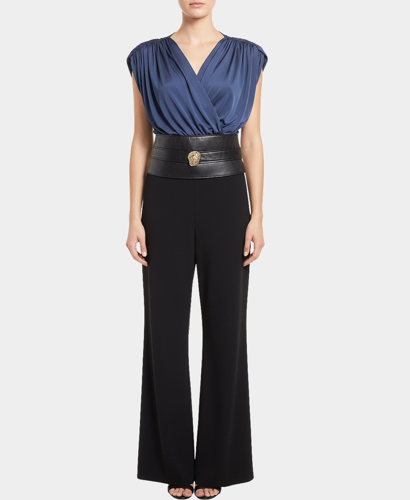 Ruched Jumpsuit w/ Faux Leather Waistband view 1