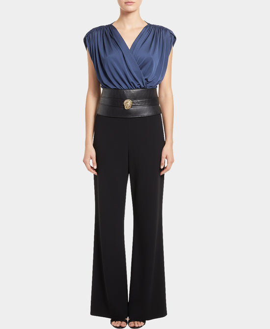 Ruched Jumpsuit w/ Faux Leather Waistband view 