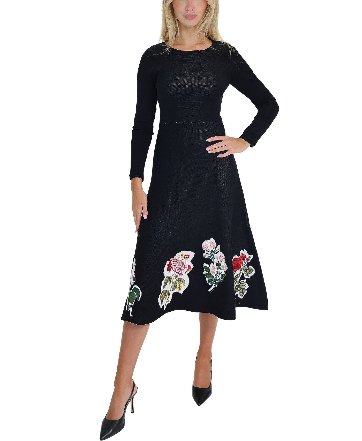 Embroidered Floral Knit Midi Dress view 1