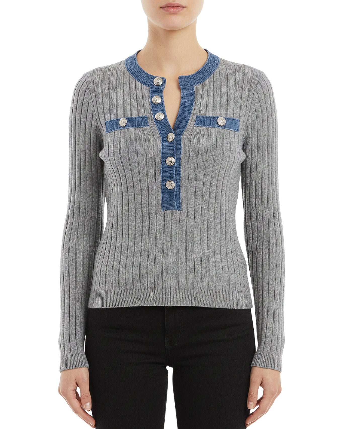 Knit Top w/ Denim Trim view 1