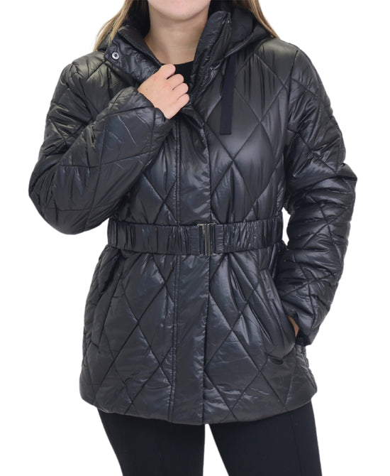 Shiny Quilted Puffer Jacket w/ Hood view 
