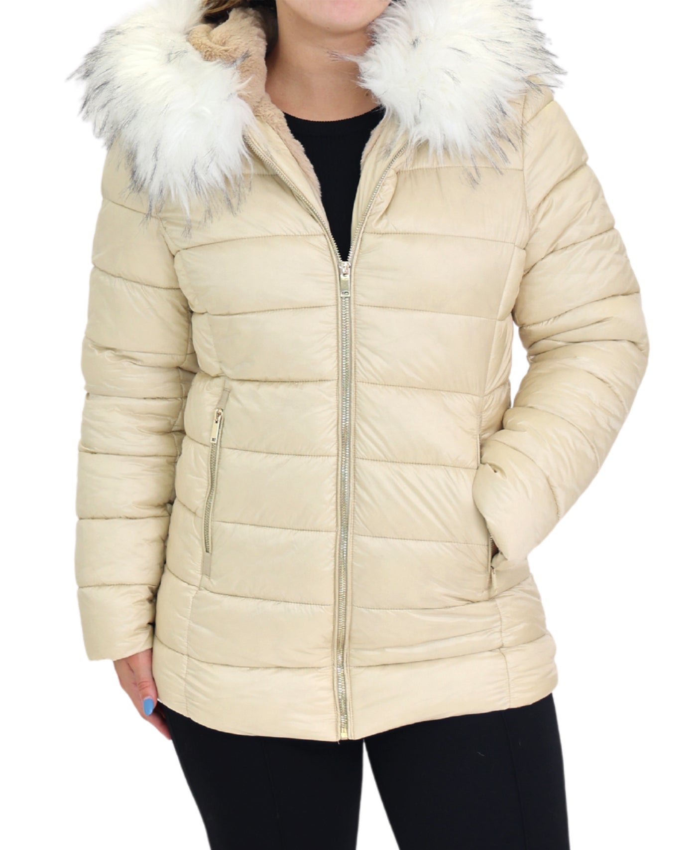 Puffer Jacket w/ Faux Fur Trim Hood view 1