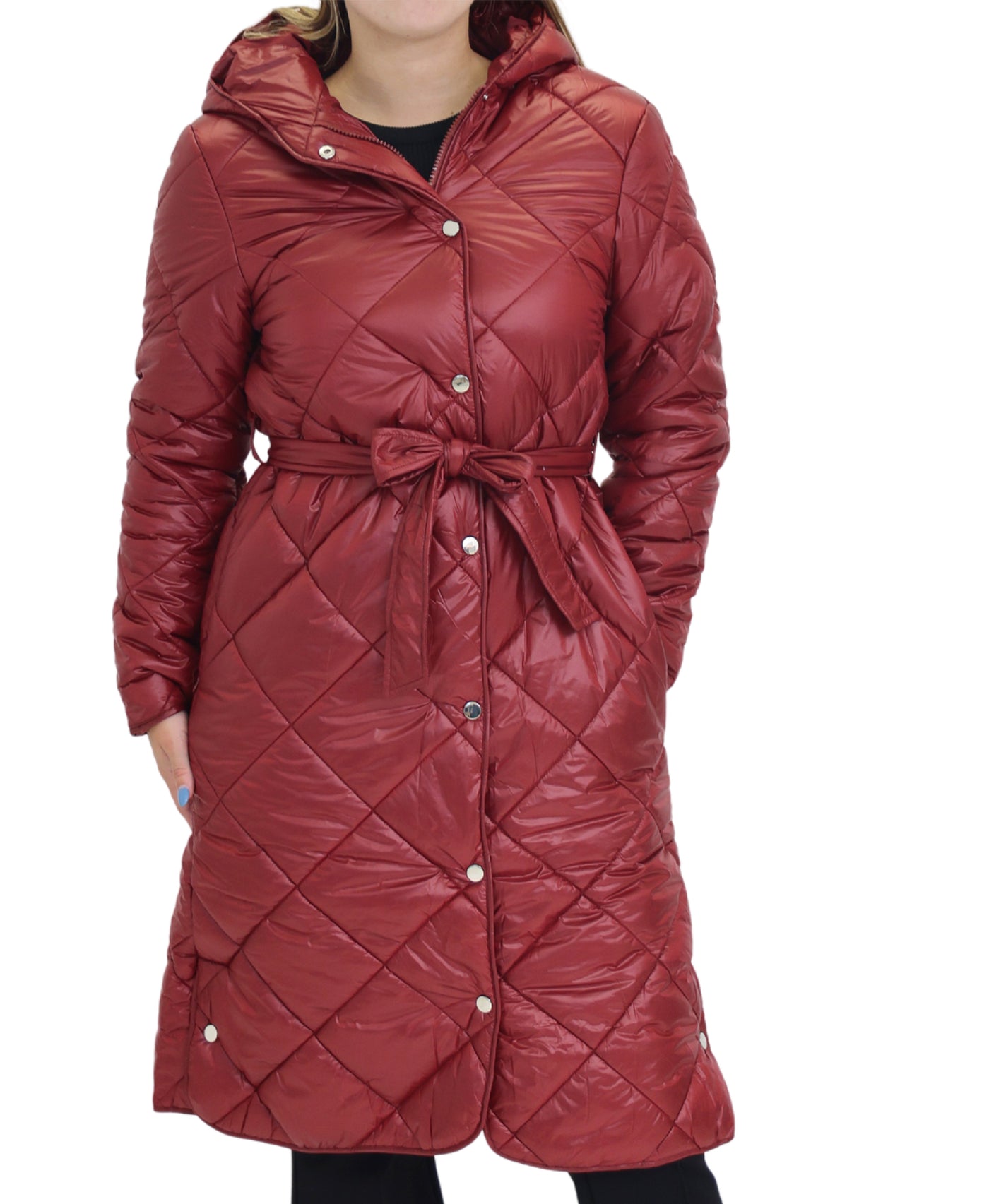 Shiny Quilted Long Puffer Jacket w/ Hood view 1