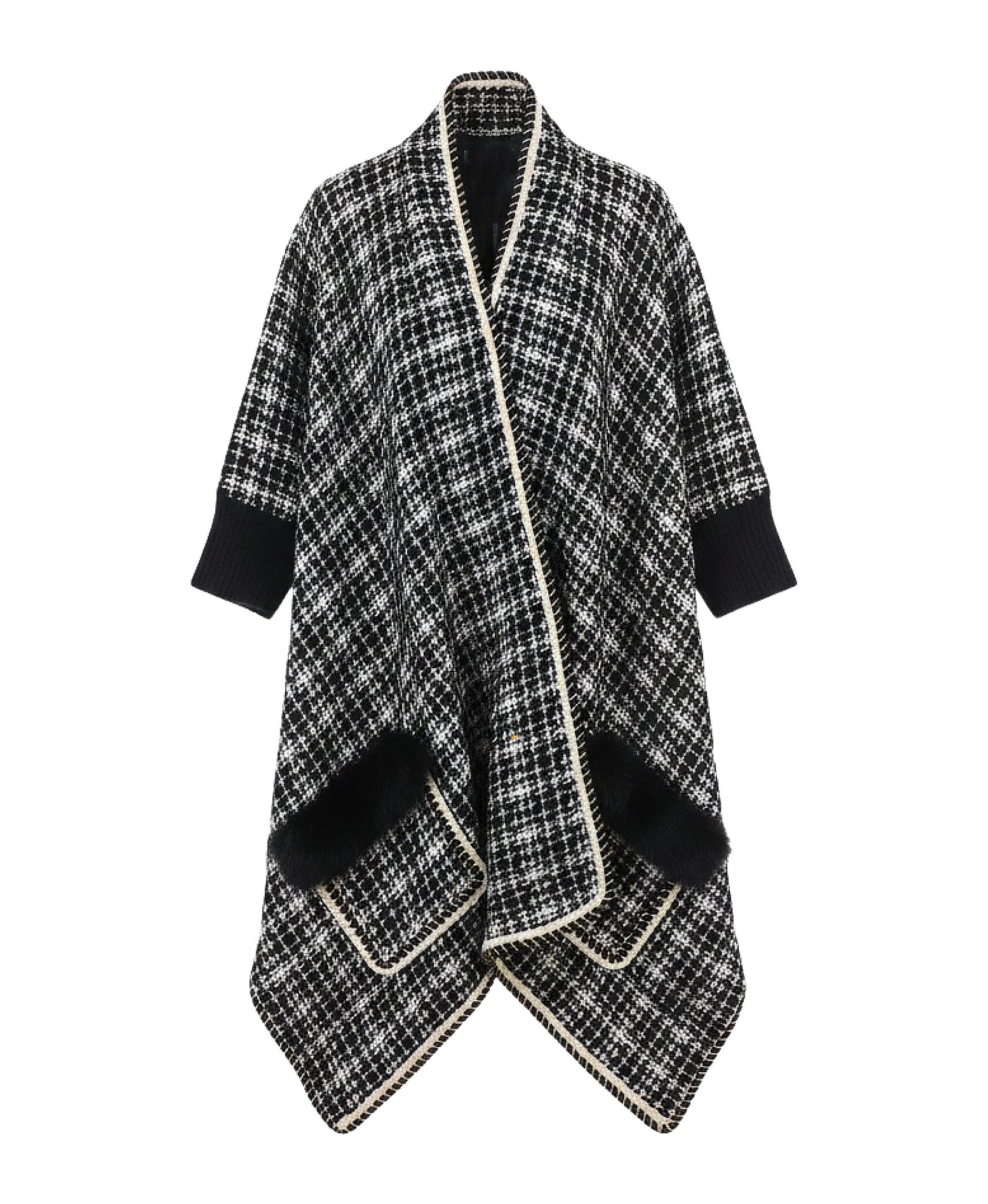 Plaid Wrap w/ Shimmer Detail & Fox Fur Trim Pockets view 2