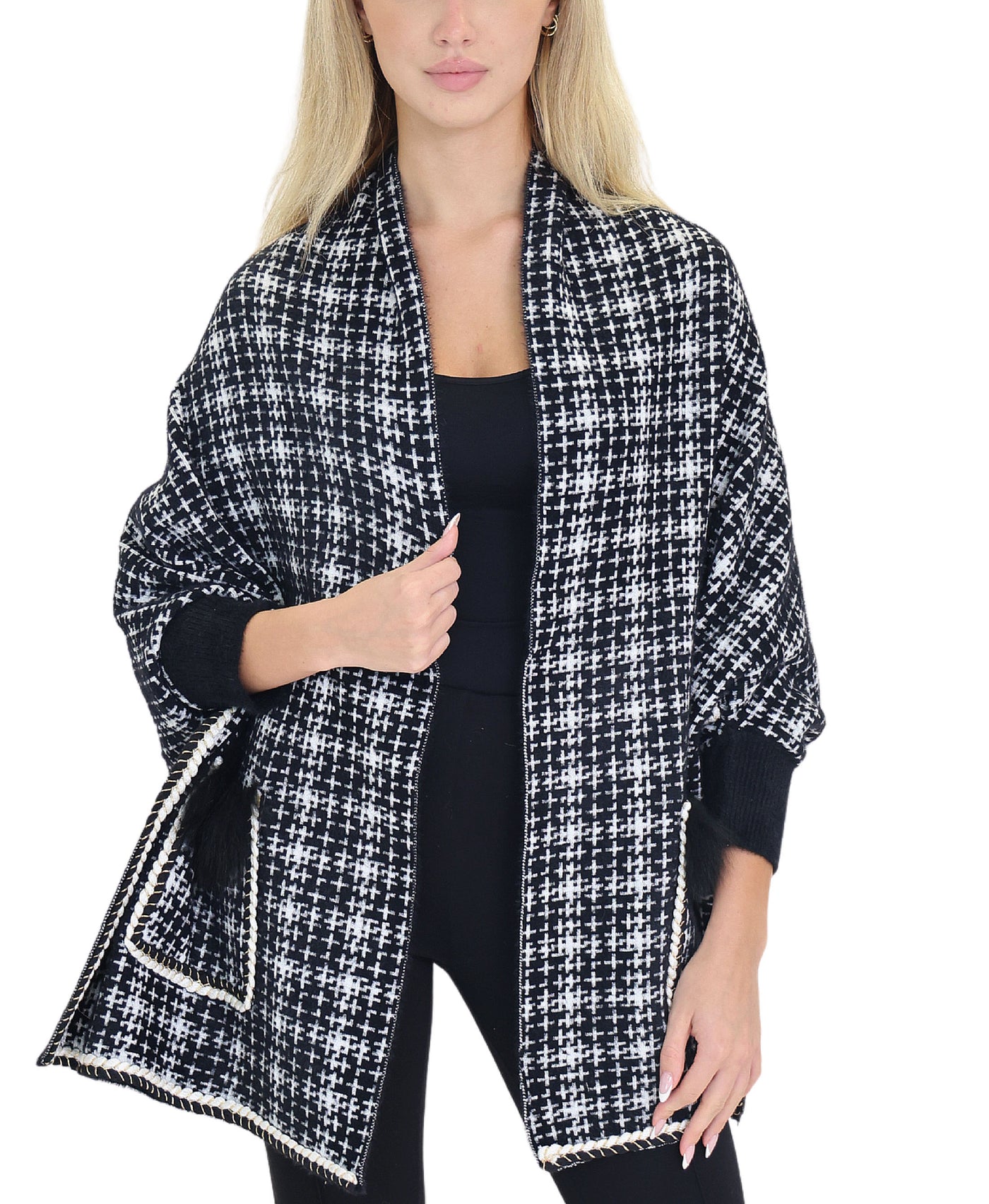 Plaid Wrap w/ Shimmer Detail & Fox Fur Trim Pockets view 1